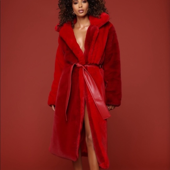 Fashion Nova Jackets & Blazers - Fashion Nova Cardi B Red Full Length Faux Fur Coat